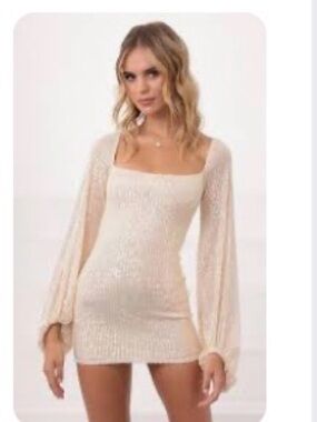 PERFECT HOMECOMING DRESS Lucy in the Sky Champagne Sequin Square Neck Mini Dress